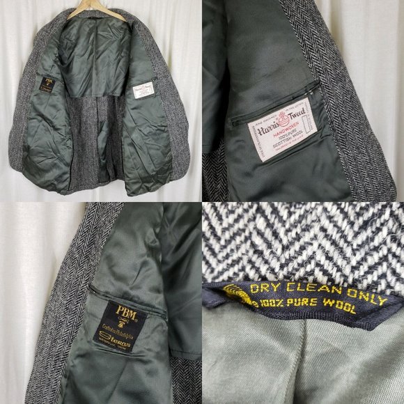 Vintage HARRIS Tweed Blazer Black Herringbone Wool Sport Coat Jacket Mens 42 44 - Picture 6 of 6